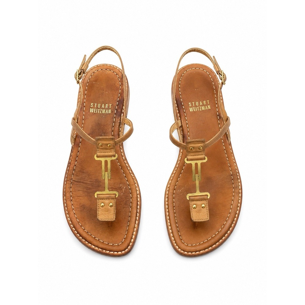 Stuart Weitzman Sandals 5 Tan‎ Gladiator Leather T Strap Boho Luxe Coastal Chic